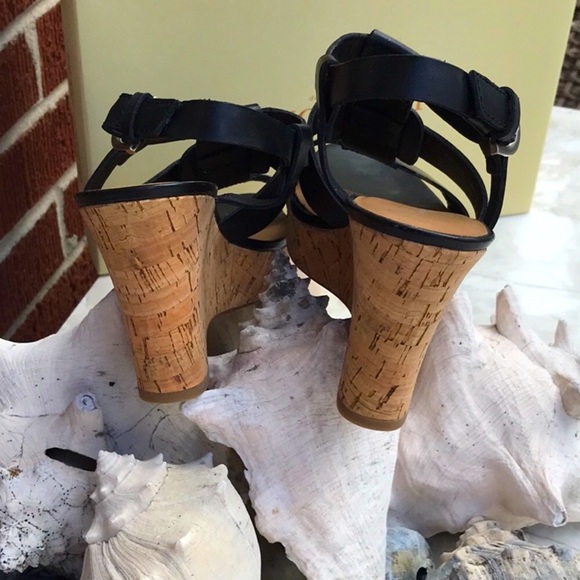 NWT In Original Box Franco Sarto Cera Blk Leather Cork Wedge Sandals Size 7.5 M - Picture 6 of 15